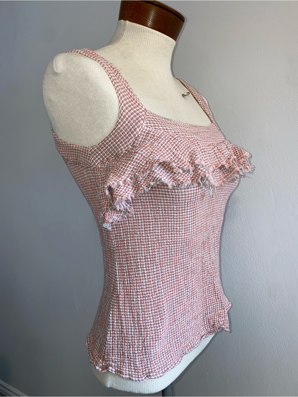 Women’s Pink and White Cotton Gingham Ruffle Tank Top Square Neck Size S